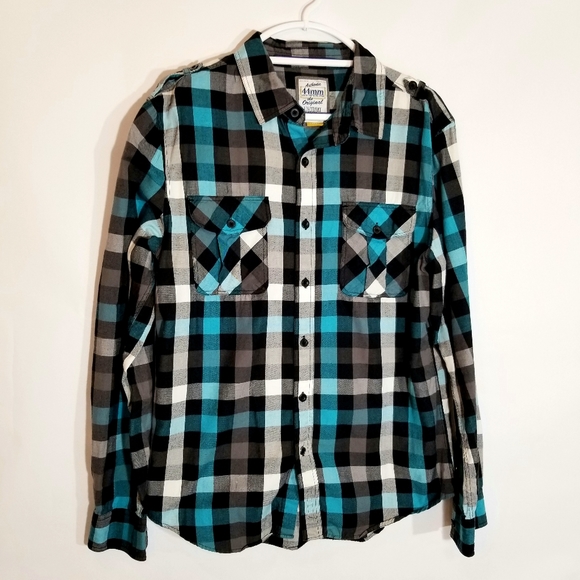 44mm Shirt Men's Large Workwear Button Up Long Sleeve Blue Black White Plaid - Picture 1 of 7